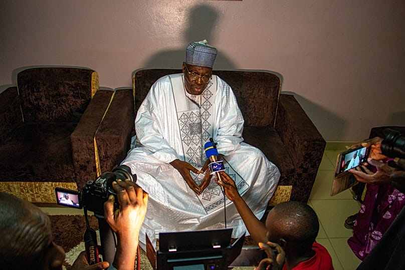 Presidential opposition candidate Issa Tchiroma, speaks to the press in Maroua, Cameroon, Thursday, Oct. 9, 2025.