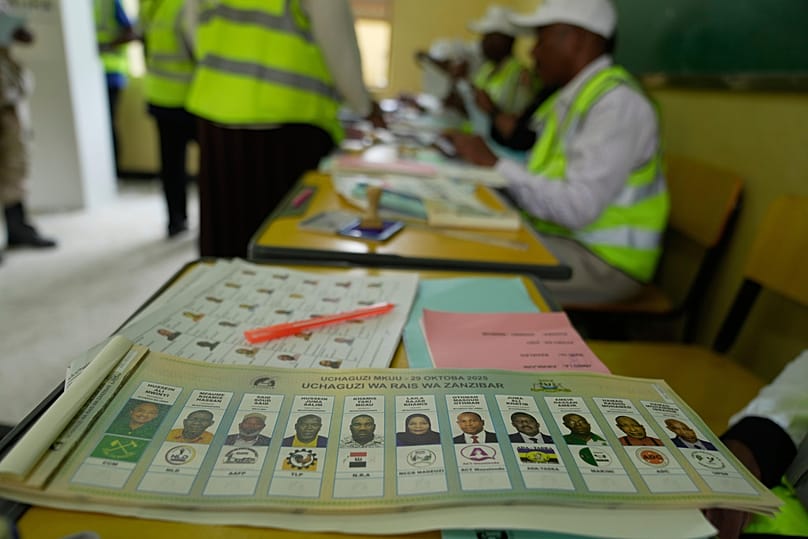 Ballot papers bearing the names of the presidential candidates at Tumekuja Secondary School polling station in Zanzibar, Tanzania, Tuesday, Oct. 28, 2025.